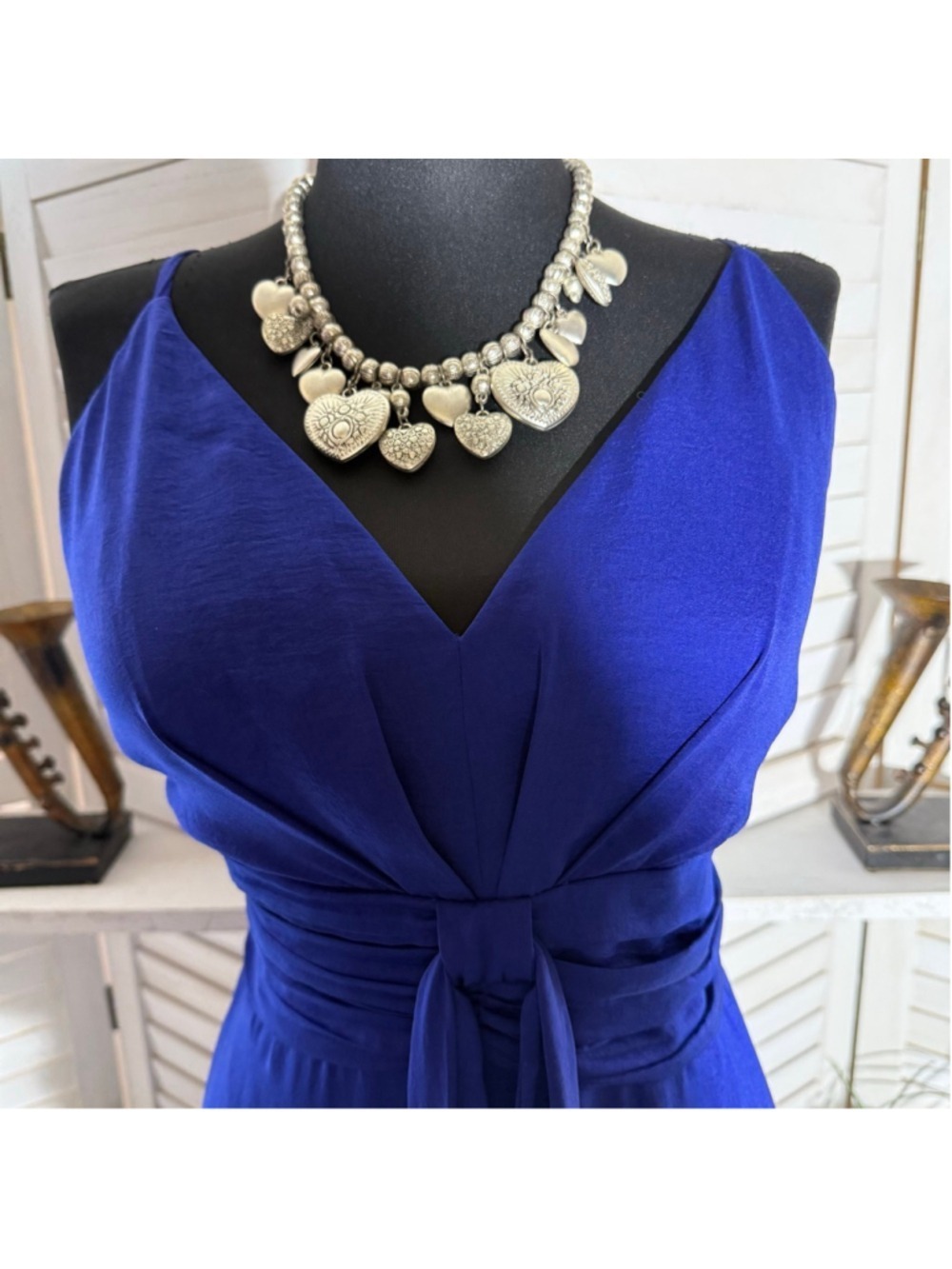 Minuet royal blue cocktail maxi dress fit flare ruched waist low sexy back sz L - Picture 11 of 14